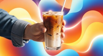 Man's hand holding iced coffee glass with a straw on abstract colorful background. Concept for coffee shop menu, refreshing summer beverage and social media advertising