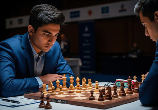 Intense Young Indian Chess Grandmaster in Blue Suit Concentrating during Tournament Match