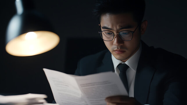 Focused Professional: A man diligently reviews documents under a lamp's glow, showcasing commitment and attention to detail in a dimly lit office setting.