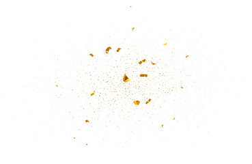 Falling shiny gold confetti. Explosion shimmer particle on carnival party, spray serpentine on holiday event. Bright golden festive tinsel for holiday banner, poster, flyer, invitation. Vector