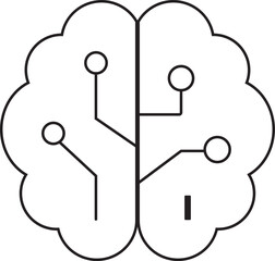 Abstract outline of a human brain with digital circuit connections and nodes representing artificial intelligence