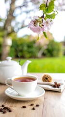 Tea time with pastry, floral branches, and green blur