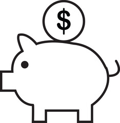 Simple outline illustration of a piggy bank with a dollar coin being inserted representing saving money and financial planning