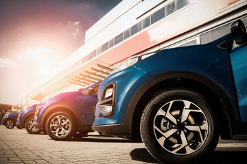 Blue business car with shiny front lights color bright