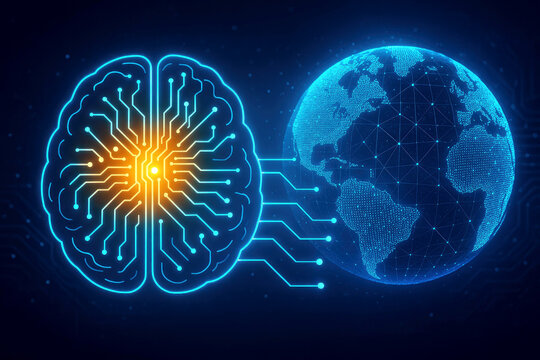 Digital brain connected to a glowing globe representing global AI integration artificial intelligence