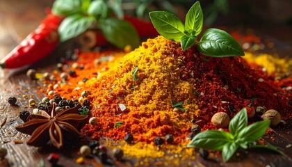 Colorful spices and herbs on wooden surface for cooking.