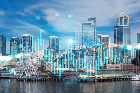 Seattle city skyline with waterfront and digital financial graph overlay showing economic growth concept in urban American setting. - Powered by Adobe