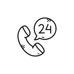 Outline Style Phone Handset with 24 Hour Service in Speech Bubble Icon Doodle on Transparent Background