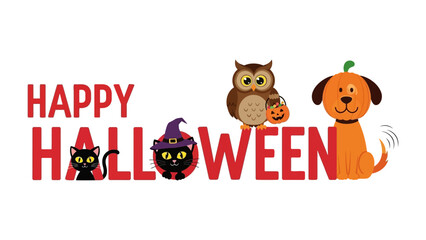 Happy Halloween: Festive greeting with a smiling black cat, owl, and playful puppy celebrates the spirit of Halloween with joyous charm.