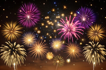 Colorful fireworks festival happy new year  for celebration on dark background , New year holiday concept