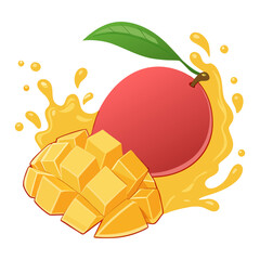 Fresh Mango Splash with Juice and Cubes Vector Illustration