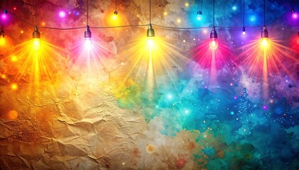 Colorful String Lights Festive Background with Textured Wall.