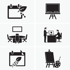 Various business and education icons are neatly arranged on a white background