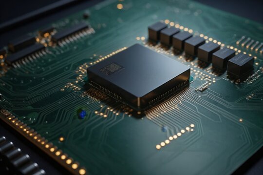 Makroaufnahme eines modernen Mikroprozessors auf einer Leiterplatte in hoher Aufl&ouml;sung
