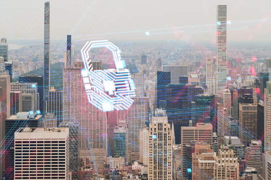 Cybersecurity concept overlay on NYC skyline with digital lock symbol and data flow lines symbolizing data protection and urban digital safety.