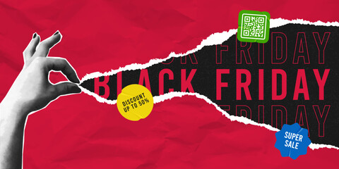 Black friday sale banner with halftone collage hand and crumpled torn paper and stickers. Super sale shopping banner template with red torn paper and collage arm. Vector.