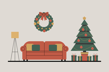 Empty living room with christmas tree and decoration. Cozy living room for the christmas winter holidays in flat style. Vector stock	