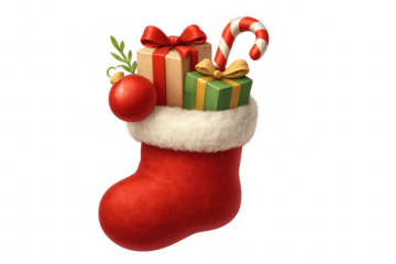 Red christmas stocking filled with presents and candy cane