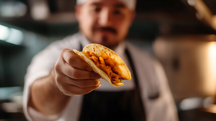 Chef presents a tasty taco with savory filling. Enjoy the delicious flavors. Fresh ingredients make for an amazing meal.  Homemade taste, and authentic!