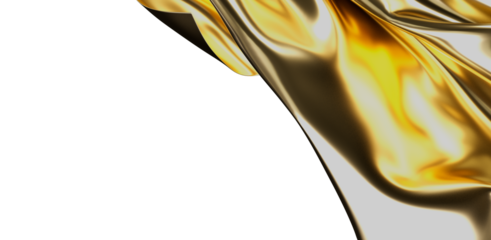 Stunning image of golden fabric with a lustrous metallic sheen gracefully draped, set against a bright white backdrop. Perfect for luxury and de