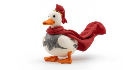 Heroic duck in red cape playful setting toy figure whimsical environment fun perspective imaginative concept