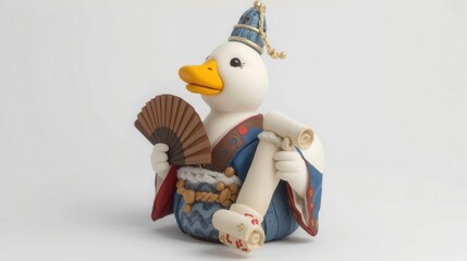 Artistic duck figurine in traditional attire indoor setting sculpture showcase playful atmosphere creative concept