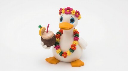 Festive duck character with tropical drink indoor studio illustration playful environment fun concept