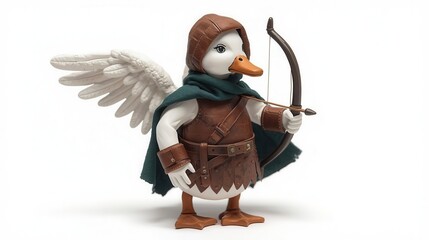 Adventurous duck archer in fantasy costume studio setting toy photography whimsical environment close-up perspective