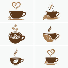 Six stylized coffee cup icons display different coffee and tea concepts on a white background