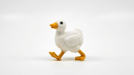 Playful toy duck running on white surface indoor setting photography fun concept