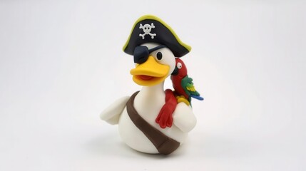 Pirate-themed rubber duck with parrot studio setting toy photography playful environment close-up view fun concept