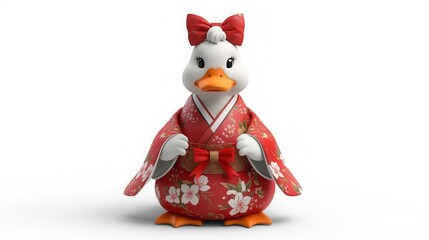 Festive celebration with a kawaii duck in kimono studio setting 3d model whimsical style front view cultural representation