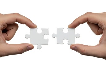 Close-up of two hands bringing puzzle pieces together, representing the successful integration of two business ideas.