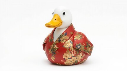 Festive duck figure in traditional kimono studio setting decorative art quirky cultural fusion