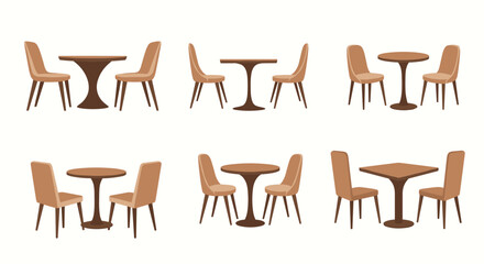A collection of dining tables with chairs arranged in various settings.