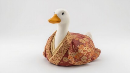 Duck in traditional japanese kimono studio setting art object minimalist background front view cultural representation