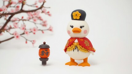 Festive duck figurine with lantern cherry blossom background decorative art studio setting playful concept
