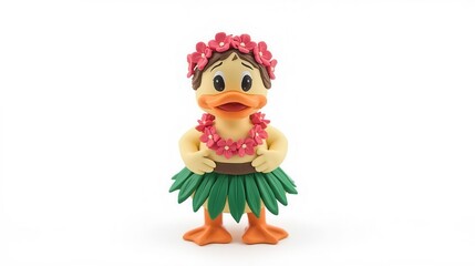 Playful hula duck figurine tropical setting toy photography bright colors whimsical concept