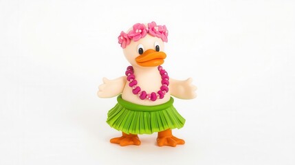Hula dancing duck toy tropical setting fun figurine playful environment whimsical viewpoint creative concept
