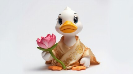 Playful duckling holding a lotus flower studio setting toy figurine bright environment close-up view whimsy concept