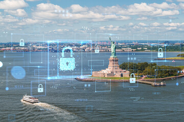 Statue of Liberty with digital cybersecurity lock graphics overlayed, symbolizing data protection and freedom in the USA concept of national digital security.