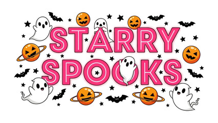 Starry Spooks: A captivating, whimsical Halloween-themed illustration with playful ghosts, grinning jack-o'-lantern planets, and charming bats against a background of twinkling stars.