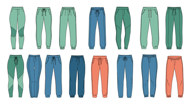 A collection of stylish jogger pants in various colors.
