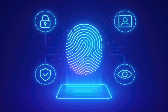 Fingerprint scanner with security and user icons in glowing neon blue identification biometric