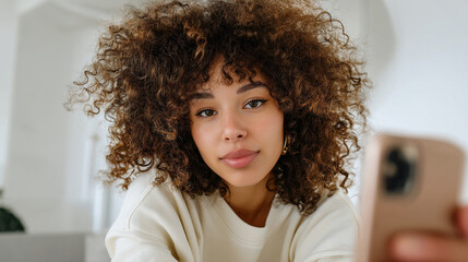 Portrait of a young woman with curly hair holding a smartphone in a light room