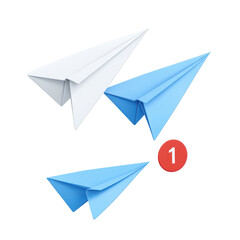 Three folded paper airplanes two blue and one white with a red notification circle containing the number one isolated on transparent background