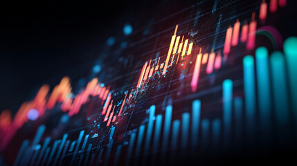 A financial chart with rising and falling bars in orange, red and blue colors
