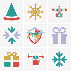 Illustrated grid displays holiday concepts including drones delivering vaccines and presents on white