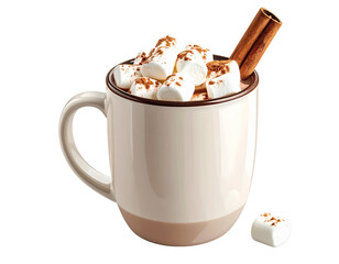 Cozy Autumn Hot Chocolate Mug with Marshmallows and Cinnamon Stick, Front View, isola 