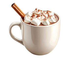Cozy Autumn Hot Chocolate Mug with Marshmallows and Cinnamon Stick, Front View, isola